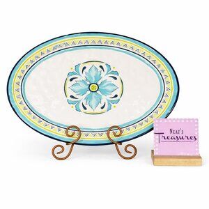 Bobby Flay Floral Turquoise White Large Oval Melamine 20" x 13"  Serving Platter